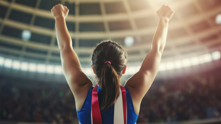 Gold medalist raises their hands in victory in an indoor stadium, celebrating success with energy and pride.の素材