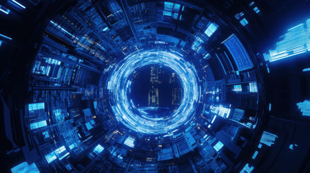 Explore a captivating futuristic design featuring a circular array of bright blue lights and data streams, creating a stunning tech-inspired visual experience in a digital realm.の素材