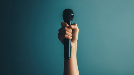 Focused shot of a hand raising a microphone, symbolizing empowerment, leadership, or creativity, against a neutral background.の素材