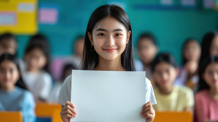 Happy Asian student proudly holds a blank paper in a vibrant classroom environment with blurred students in the background.の素材