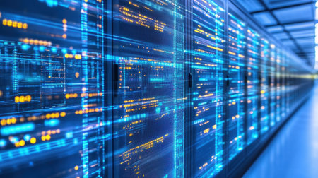 A visually striking image of a modern data center showcasing glowing servers and vibrant fiber optic cables, emphasizing the dynamic flow of digital information within an advanced technological space.の素材