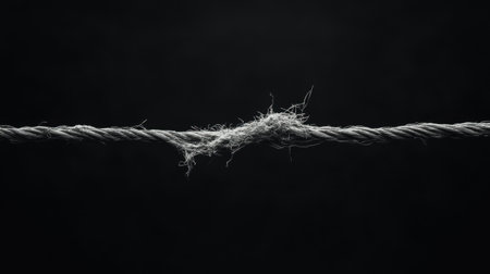 Weathered, frayed cable with loose strands, isolated on a stark black background for dramatic effect.の素材