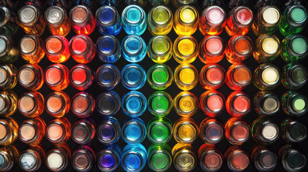 Symmetrical rows of alcohol bottles, highlighting their polished design and colorful contents without any visible text.の素材