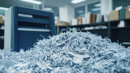 Office shredder overflowing with shredded paper, symbolizing the importance of data destruction and privacy.の素材