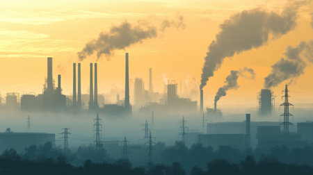 Urban skyline under a layer of thick smog, representing air quality issues and the effects of industrial emissions.の素材