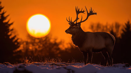 The silhouette of a majestic stag in a winter wonderland, softly lit by a glowing orange sunset or moon.の素材