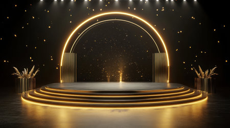 Luxurious black and gold stage with a glowing golden arc, set for a prestigious awards night backdrop.の素材