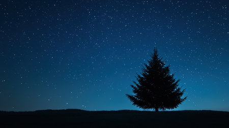 Silhouette of a glowing Christmas tree beneath a serene, starry night sky, exuding holiday warmth and charm.の素材