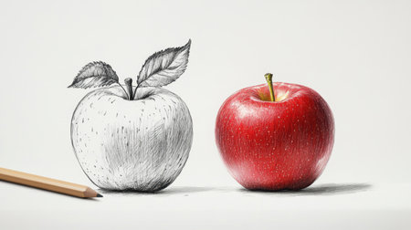 Pencil-drawn apple evolves into a bright, real red apple, with soft lighting accentuating its creative transformation.の素材