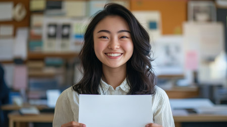 Young Asian woman smiling and holding a blank sheet of paper, surrounded by a softly blurred classroom settingの素材