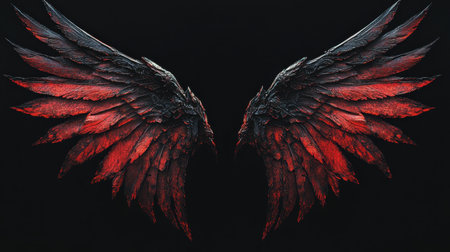 Majestic demon wings with sharp edges and intricate textures, isolated on a black background, glowing faintly red.の素材