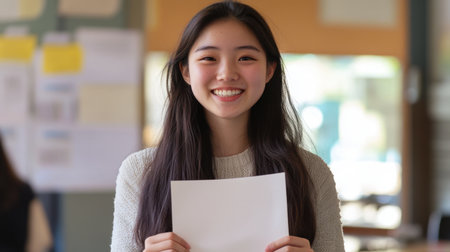 Young Asian woman smiling and holding a blank sheet of paper, surrounded by a softly blurred classroom settingの素材