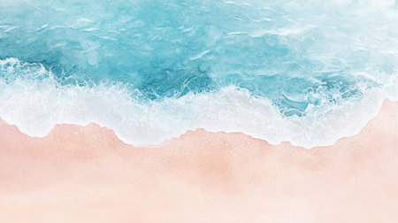 This serene beach scene showcases gentle waves lapping at a soft sandy shore, with stunning aqua and coral hues providing a perfect backdrop for relaxation.の素材