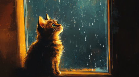 Thoughtful cat gazes out of a rain-speckled window, watching droplets fall, waiting for the rain to stop.の素材
