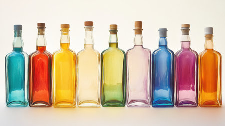 Two neat rows of assorted alcohol bottles arranged symmetrically, no labels visible, emphasizing the vibrant colors of the liquidsの素材