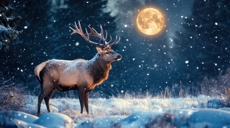 Stunning stag under a glowing moonlight in a winter forest, surrounded by softly falling snow.の素材