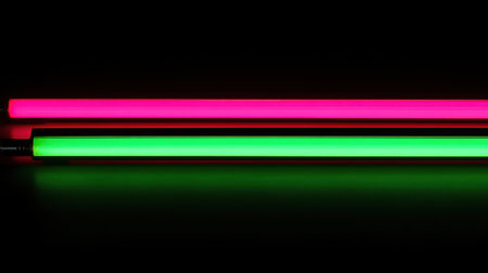 Vibrant green, pink, and red neon light bars stand out against a black backdrop, creating a sleek and contemporary vibe.の素材