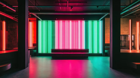 Vibrant green, pink, and red neon light bars stand out against a black backdrop, creating a sleek and contemporary vibe.の素材
