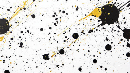 This abstract art piece features black and gold paint splatters on a white background, creating a dynamic and energetic composition suitable for various creative projects.の素材
