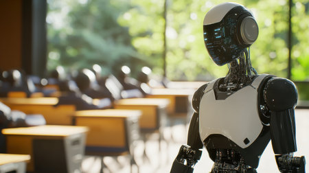 A futuristic humanoid robot stands in a classroom, highlighting the integration of artificial intelligence and advanced technology in modern educational environments.の素材