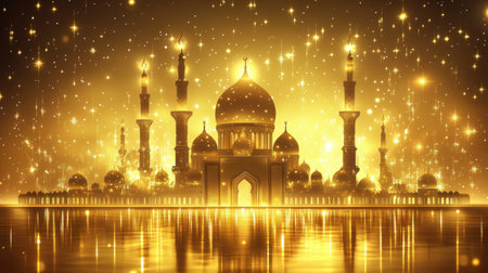 A mesmerizing golden mosque is beautifully reflected in tranquil waters, surrounded by twinkling stars, creating an enchanting atmosphere of peace and spirituality.の素材