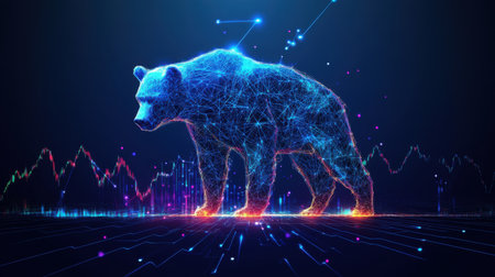 A stunning digital artwork showcasing a bear constructed with abstract lines and lights, representing strength and data analysis in a modern cyber-themed environment.の素材