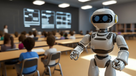 This image depicts a modern classroom where a friendly robot teacher assists students in an engaging and innovative learning environment, emphasizing technology's role in education.の素材