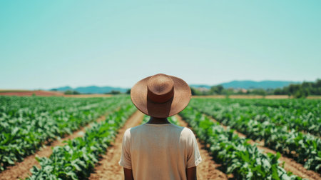 A serene scene of a farmer standing in a lush green crop field, wearing a straw hat and facing a bright blue sky, embodying the essence of rural agricultural life and tranquility.の素材