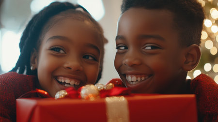 Two joyful children smile brightly while holding a beautifully wrapped Christmas gift, engulfed in a warm holiday atmosphere filled with lights and cheer.の素材