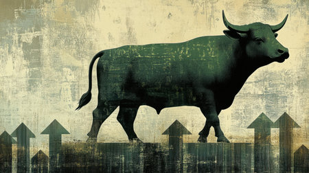 Illustrative artwork featuring a bull representing strength and growth in financial markets, alongside arrows symbolizing upward trends and progress.の素材