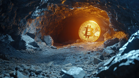 A captivating image of a glowing bitcoin coin nestled in a dark cave, symbolizing cryptocurrency mining and the thrill of hidden treasures in a natural setting.の素材