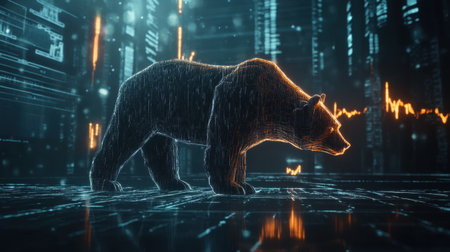This image showcases a bear in a dynamic digital landscape, symbolizing market trends and financial analysis in a vibrant, tech-driven atmosphere.の素材