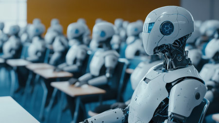 A classroom filled with advanced humanoid robots attentively listening to a lecture, representing the intersection of education and cutting-edge technology in robotics.の素材