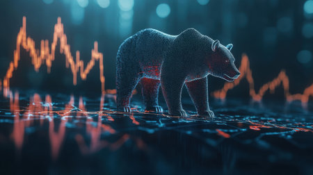 A visual representation of a bear in a financial setting, symbolizing market decline with dynamic stock charts, showcasing economic fluctuations and investment trends.の素材