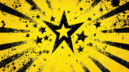 Bright yellow background with grunge style, featuring bold black stars and dynamic radiating lines, ideal for creating visually engaging designs or promotional content.の素材