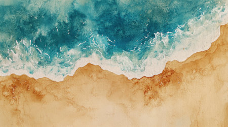 Experience the beauty of a lush coastal landscape featuring waves and sandy shores, beautifully depicted in watercolor for a serene and refreshing atmosphere.の素材