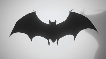 This image features a dark silhouette of a bat in flight, creating an intriguing shadow effect against a light background, perfect for themes of nature or Halloween.の素材