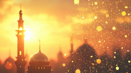 A stunning view of a mosque silhouette during sunset, adorned with bokeh lights, creating a tranquil scene that embodies cultural heritage and spiritual beauty.の素材