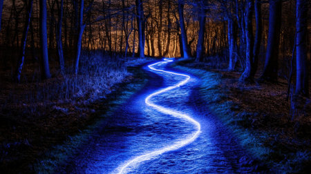 A mesmerizing nighttime scene featuring a winding path illuminated by blue light cutting through a dark forest, creating a mystical and ethereal atmosphere.の素材