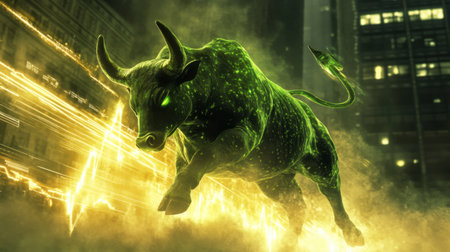 A striking green bull embodies market growth and prosperity, set in an energetic urban landscape, evoking a sense of financial success and vibrant ambition.の素材