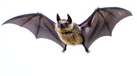 Stunning image of a bat gracefully flying, featuring distinct wings and fur, representing the beauty and mystery of nocturnal wildlife in its natural environment.の素材