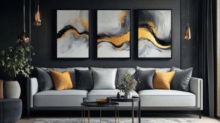 A modern living room showcasing stunning abstract art in gold and black tones, featuring a stylish couch adorned with decorative pillows and a cozy atmosphere.の素材