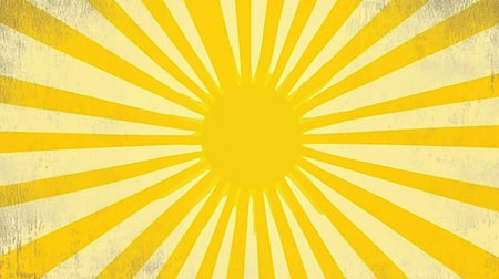 Bright yellow sunburst background features radiating lines that create a cheerful and vibrant atmosphere, ideal for summer themes, creative projects, and energetic designs.の素材