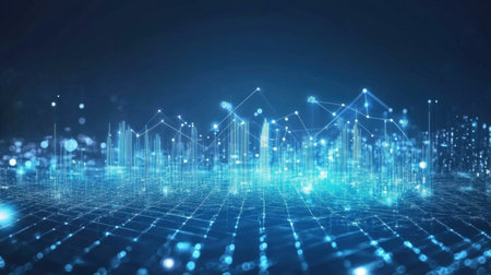 Captivating abstract digital landscape featuring sparkling lights and data visualization elements, representing the innovation and technology in the cyberspace world.の素材