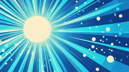 This vibrant abstract image features a bright sunburst effect with rays and bokeh elements on a blue background, perfect for creative design projects and energetic visuals.の素材