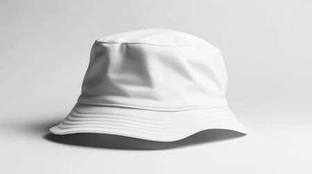 A white bucket hat set against a minimalist gray background, ideal for showcasing modern fashion trends and summer styles for diverse outdoor activities.の素材
