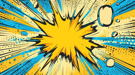 Eye-catching comic-style explosion illustration featuring bright yellow and blue colors. Ideal for creative projects, posters, and dynamic backgrounds.の素材