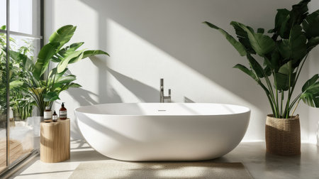 A serene and stylish bathroom featuring a freestanding tub complemented by lush plants and natural light, creating a tranquil ambiance ideal for relaxation and rejuvenation.の素材
