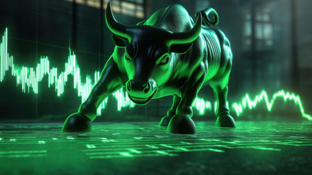 A striking representation of a bullish market with a green bull symbolizing financial growth, set against a backdrop of dynamic stock market graphs for investment themes.の素材