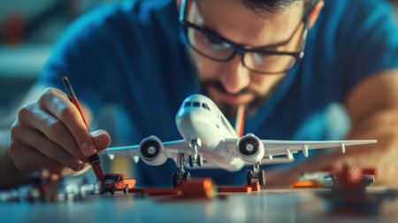 A dedicated hobbyist meticulously assembles a scale model airplane, showcasing focus and creativity in a well-organized workspace filled with tools and components.の素材